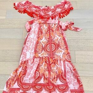 De La Sol Orange and White Print Off-the-Shoulder Midi Dress